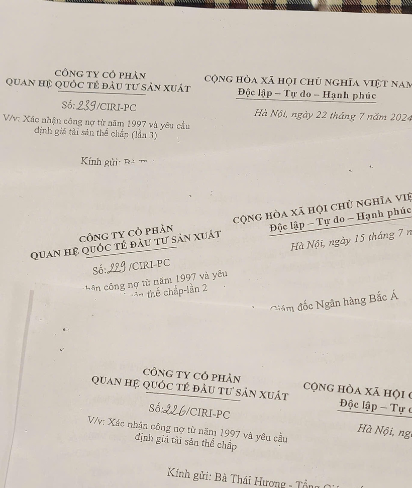 Liên tiếp các ngày 9, 15 và 22/7/2024, Công ty CIRI đã gửi 3 công văn tới Ngân hàng Bắc Á đề nghị xác nhận dư nợ khoản vay 500.000 USD; hiện trạng và định giá 2 tài sản đảm bảo khoản vay nhưng không được trả lời.