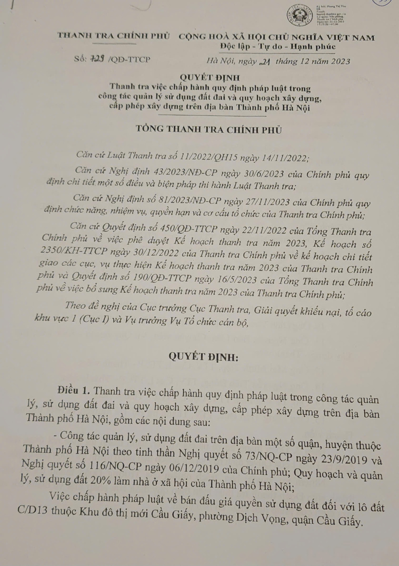 Quyết định thanh tra số 729/QĐ-TTCP ngày 24/12/2023 của Thanh tra Chính phủ, quy định thời kỳ thanh tra: Từ năm 2011 – 2022; Thời hạn thanh tra: 60 ngày làm việc, kể từ ngày công bố quyết định thanh tra.